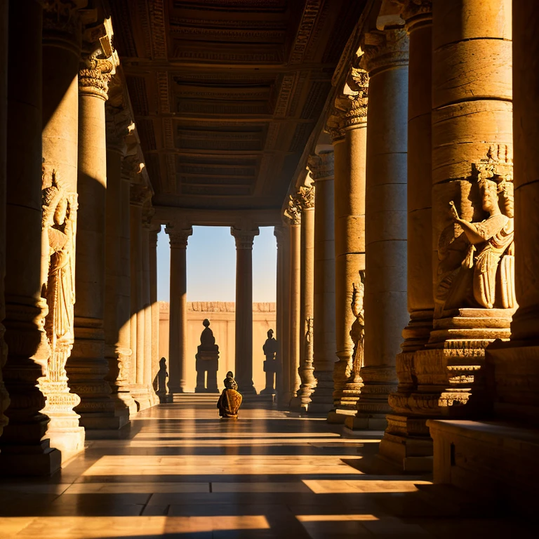 A serene scene of the Apadana (Audience Hall) with cyrus is the great and his soldiers at dusk, its towering columns casting long shadows across the vast courtyard as the last rays of sun bathe the carvings in a warm, golden glow.