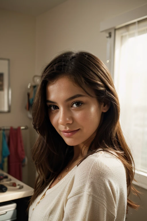 Generate a high-resolution, realistic portrait of a young woman in her youth room with natural indoor lighting, showcasing a confident and joyful expression. Capture the subject in a casual and fashionable urban street style, highlighting fine details in skin texture and vibrant, youthful features." "Create an ultra-realistic image of a woman in a relaxed, carefree indoor setting during daylight hours. Emphasize the natural beauty of the scene with soft lighting, capturing a candid moment of the subject's everyday life. Ensure the portrait reflects a harmonious color palette and a stylish, yet casual appearance