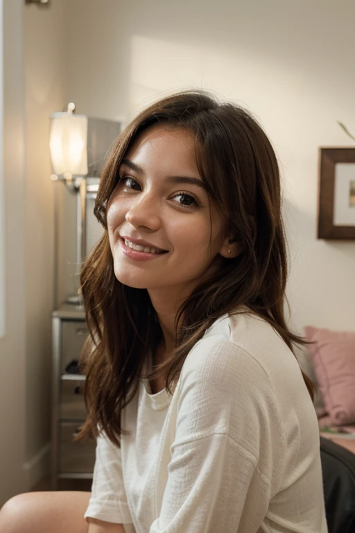 Generate a high-resolution, realistic portrait of a young woman in her youth room with natural indoor lighting, showcasing a confident and joyful expression. Capture the subject in a casual and fashionable urban street style, highlighting fine details in skin texture and vibrant, youthful features." "Create an ultra-realistic image of a woman in a relaxed, carefree indoor setting during daylight hours. Emphasize the natural beauty of the scene with soft lighting, capturing a candid moment of the subject's everyday life. Ensure the portrait reflects a harmonious color palette and a stylish, yet casual appearance