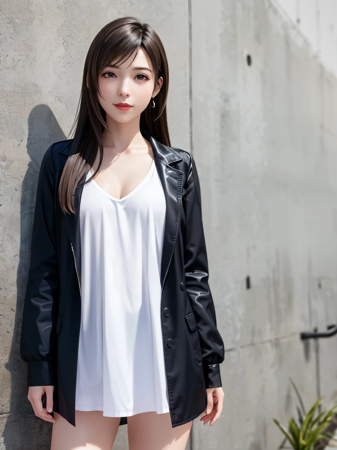 (top quality, masutepiece: 1.1), (Realistic: 1.3), BREAK (((FF7,Tifa_lockhart))),(solo,Tifa:1.2),(boyfriend's clothes:1.3,oversized long white shirt:1.3,long sleeve:1.2,shirt dress:1.3) ,(japan,sibuya,city, outdoor,behind wall,neon),(sexy pose:1.1),Ultra-detailed face, Detailed eyes,Red eyes, BREAK (((FF7,Tifa_lockhart))),(black brown hair, Large breasts: 1.0), BREAK (no bra),(no panties),About 18 years old,kawaii,shy:1.1,meeting up for a date,waiting,cowboy shot