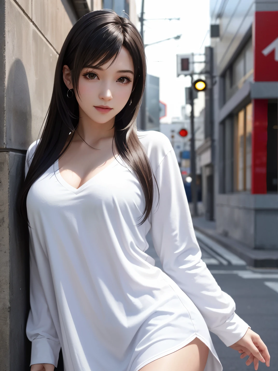 (top quality, masutepiece: 1.1), (Realistic: 1.3), BREAK (((FF7,Tifa_lockhart))),(solo,Tifa:1.2),(boyfriend's clothes:1.3,oversized long white shirt:1.3,long sleeve:1.2,shirt dress:1.3) ,(japan,sibuya,city, outdoor,behind wall,neon),(cool pose:1.1),Ultra-detailed face, Detailed eyes,Red eyes, BREAK (((FF7,Tifa_lockhart))),(black brown hair, Large breasts: 1.0), BREAK (no bra),(no panties),About 18 years old,kawaii,shy:1.1,meeting up for a date,waiting,cowboy shot