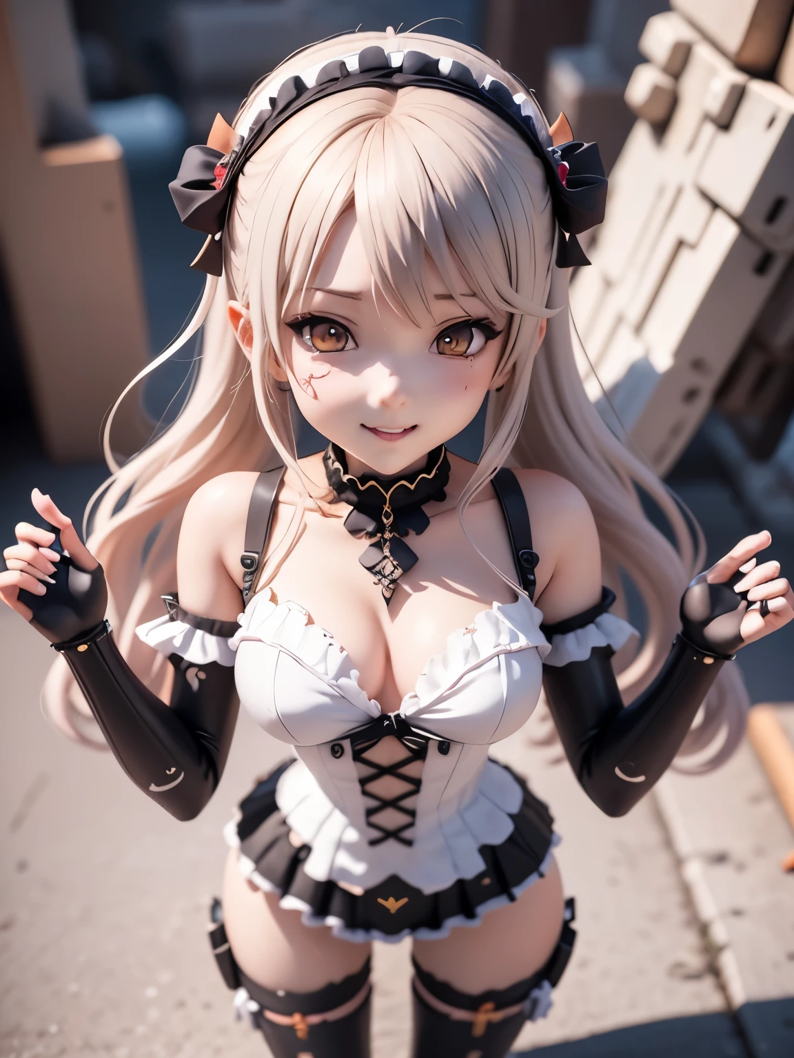 a girl,wear gothic ta clothes with white frills,she is mounted giant robot arms on her arms,  
full body:1.5,
 3D rendering, 
 portrait female anime, 
 cute 3d anime rendering, 
 cute detailed digital art, 
 3D rendering stylized, 
 3D renderingされたキャラクター アート 8k, 
 cute digital painting, 
 Anime style 3D, 
 Super detailed rendering, 
 weapon in hand, 
