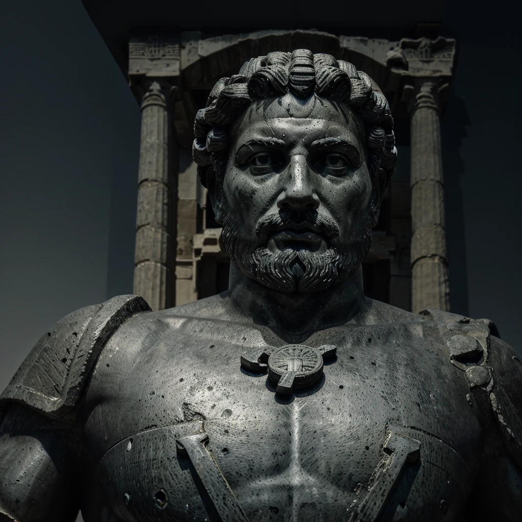 "A dark landscape image of an ancient greek society deeply connected to stoicism, black and white, ancient greek architecture, include one single big statue of a stereotypical strong greek man, marcus aurelius 