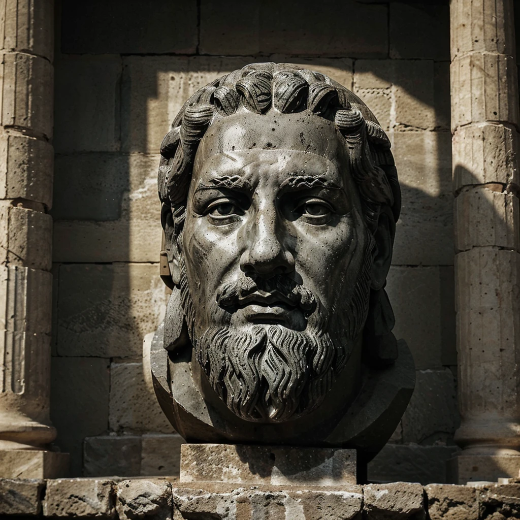 "A dark landscape image of an ancient greek society deeply connected to stoicism, black and white, ancient greek architecture, include one single big statue of a stereotypical strong greek man, marcus aurelius