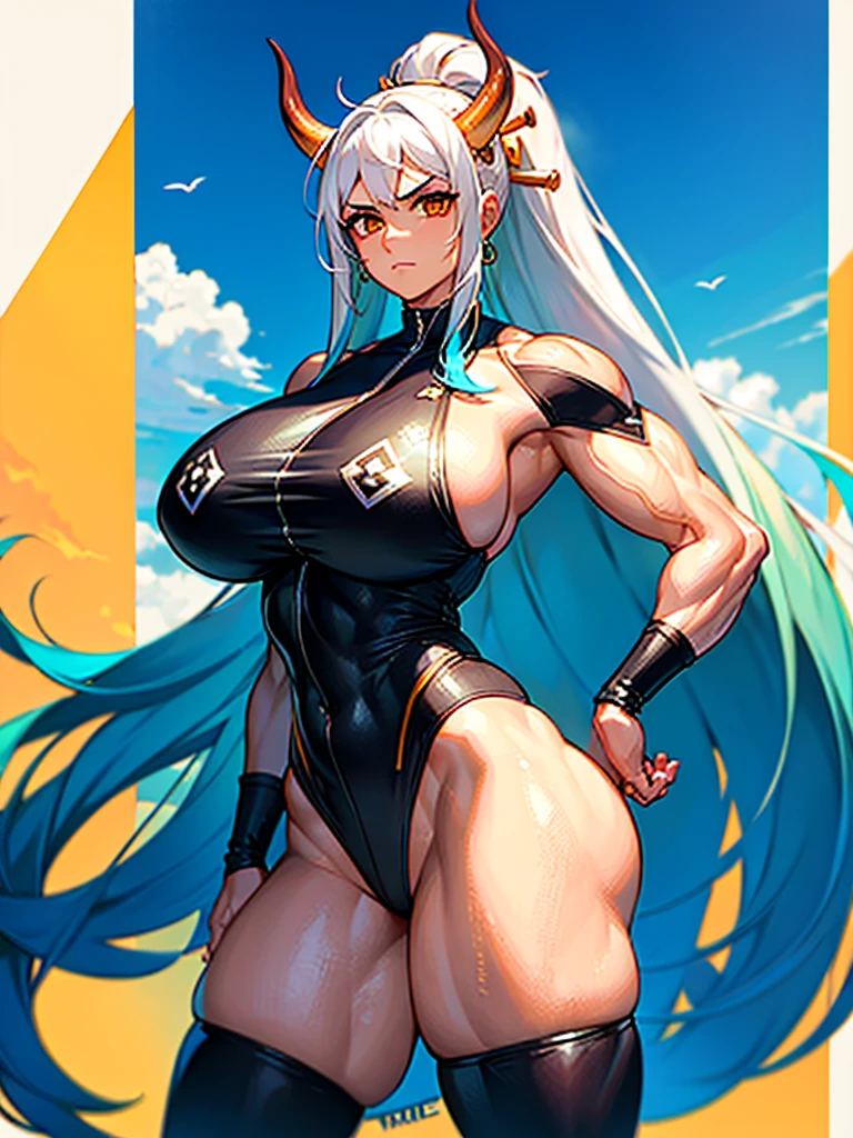 1girl, solo, yamato, orange eyes, long hair, multicolored hair, aqua hair, white hair, two-tone hair, high ponytail, horns, multicolored horns, hair ornament, bare shoulders, muscolar body, standing, perfect body, huge breast, massive brest, big ass, busty, muscolar hips, athletic body, big muscolar abs, nabel, muscolar legs, athletic ass, Ultra Quality, Masterpiece, Ethereal,Ultra-Detailed,8K, breathtaking beauty, paceful extression, calm expression, vivid colors reflects, front view,