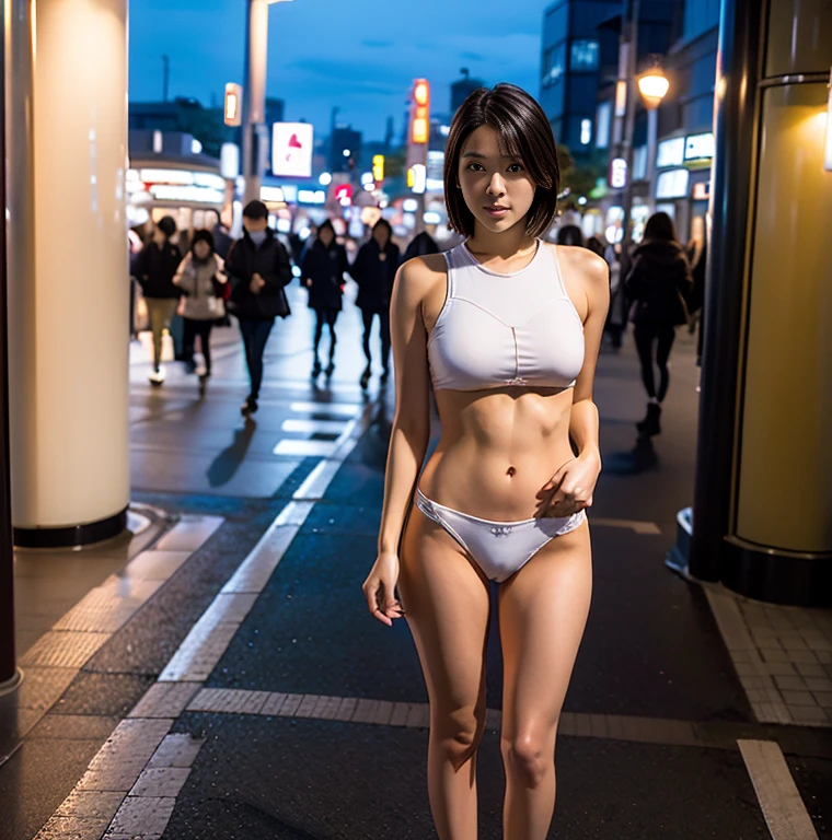 photorealistic, 8K, full body portrait, Beautiful woman, attractive look, short hair, , Tokyo, winter, Shibuya in the background,whole body composition、goddess