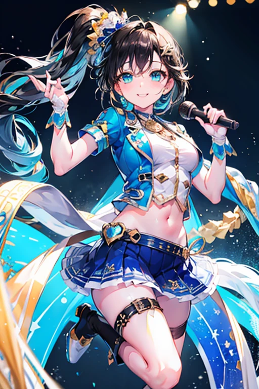 Tazune rirei, 8k, ultra-detailed, Masterpiece, best quality, aqua eyes, black hair, side ponytail, (idol uniform:1.5), boots, microphone, (dynamic pose:1.2), smile, 1girl, solo, portrait, bokeh