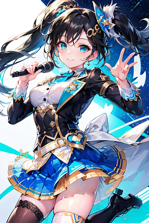 Tazune rirei, 8k, ultra-detailed, Masterpiece, best quality, aqua eyes, black hair, side ponytail, (idol uniform:1.5), boots, microphone, (dynamic pose:1.2), smile, 1girl, solo, portrait, bokeh