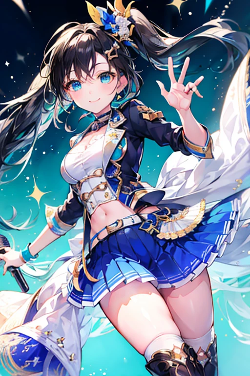 Tazune rirei, 8k, ultra-detailed, Masterpiece, best quality, aqua eyes, black hair, side ponytail, (idol uniform:1.5), boots, microphone, (dynamic pose:1.2), smile, 1girl, solo, portrait, bokeh