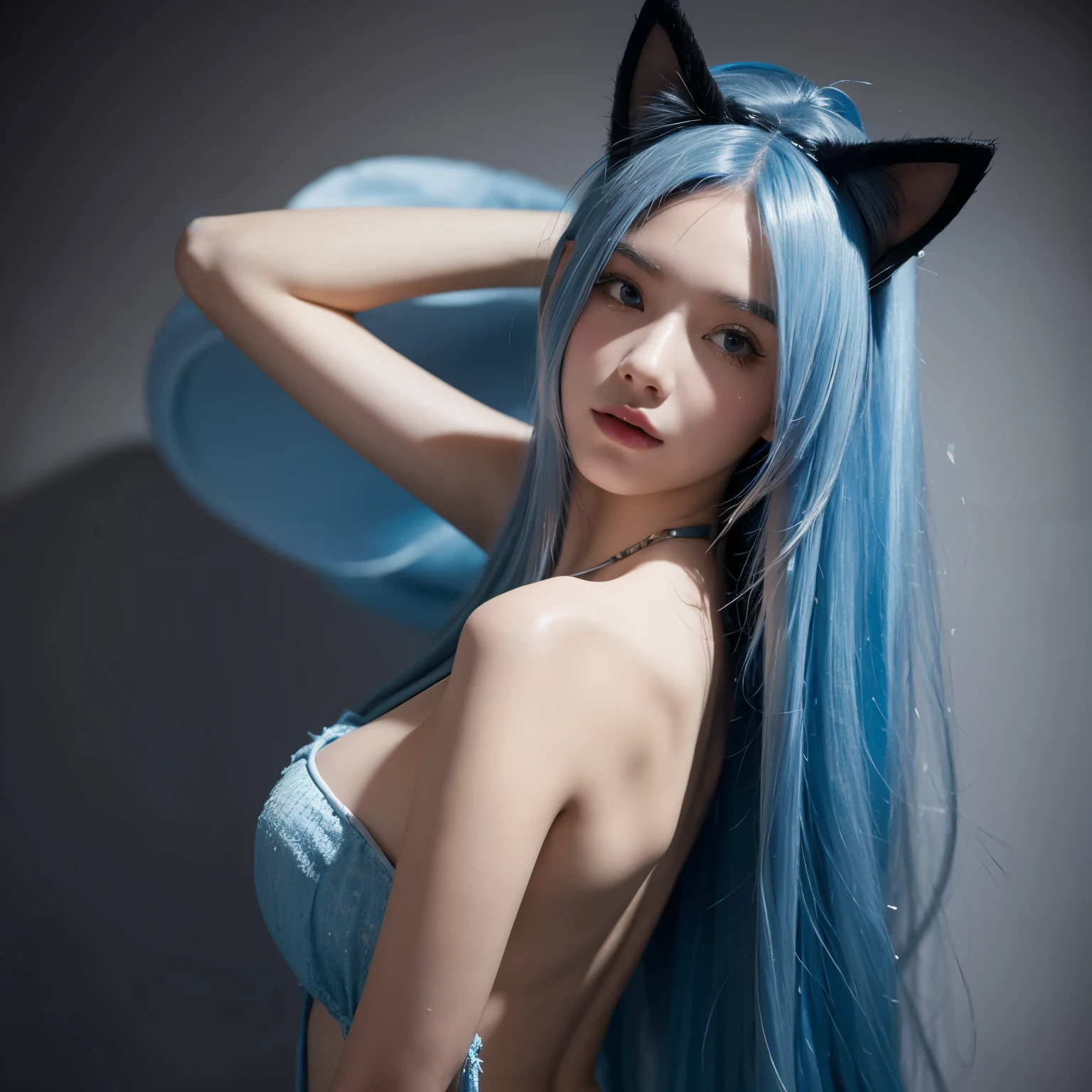 Have long blue hair,Half naked girl with cat ears
