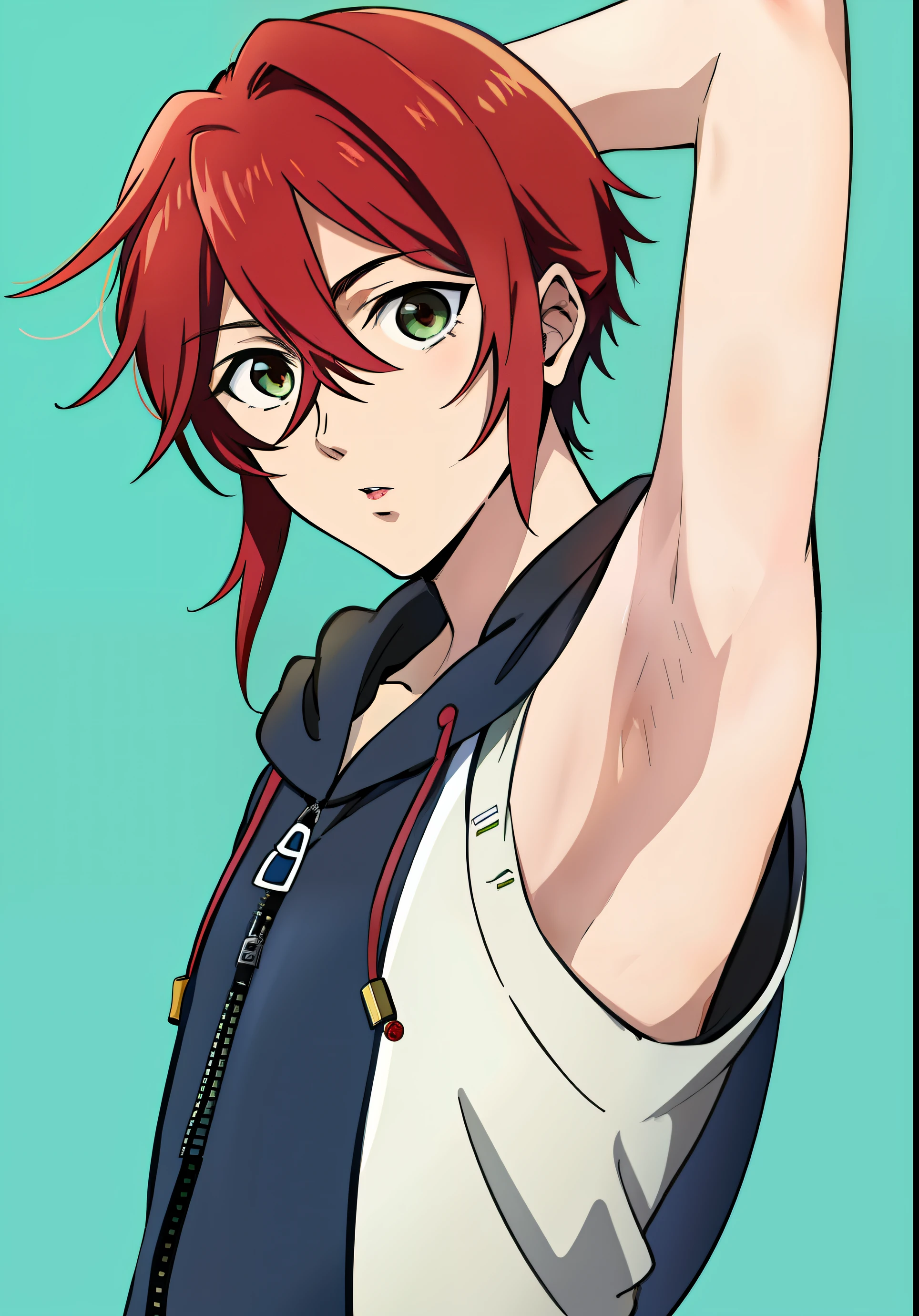 masterpiece, best quality, highres, high quality, 1boy, solo, Shinano toushirou, male focus, looking at viewer, upper body,  Red hair, realistic, Sleeveless hoodie, Open zipper, (Showing armpit:1.3),