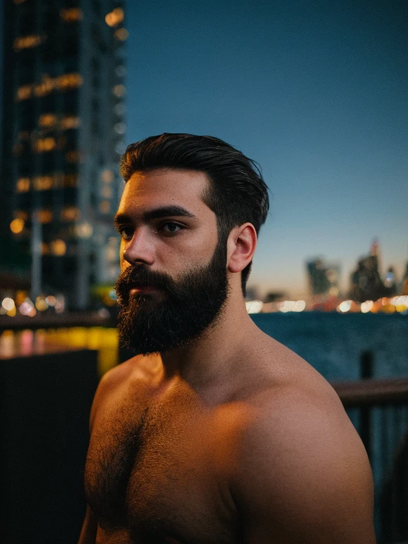 RAW uhd full body shot of a 24-year-old men, natural brown hair, styled, fair skin, stylish short black beard, new york background, night starry sky, city night background, detailed (textures!, hair!, brightness, color!, imperfections:1.1), highly detailed brown eyes, (looking at the camera), specular lighting, dslr, ultra quality, sharp focus, sharp, dof, film grain, (centered), Fujifilm XT3, crystal clear, center of frame, sharp focus, light pole, neon lights, bokeh, (dimly lit), at night, (night sky)