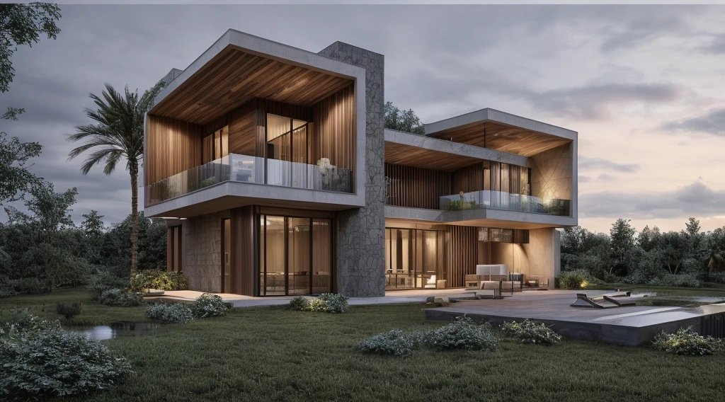 modern house, large yard, beautiful view, surrounding trees, (Single storey house planlat roofs,large windows,wood materials,concrete and glass,glass railings,surrounded by trees tropical, tree realictics, reder 3d,lawn ,large sliding glass doors, large outdoor fireplace, beautiful flat roof, linear straight line, sunset light, neutral colored lights, beautiful, cloudy sky, landscape,plain terrain, RAW photo, subject, 8k uhd, dslr, soft lighting, high quality, film grain, Fujifilm XT3