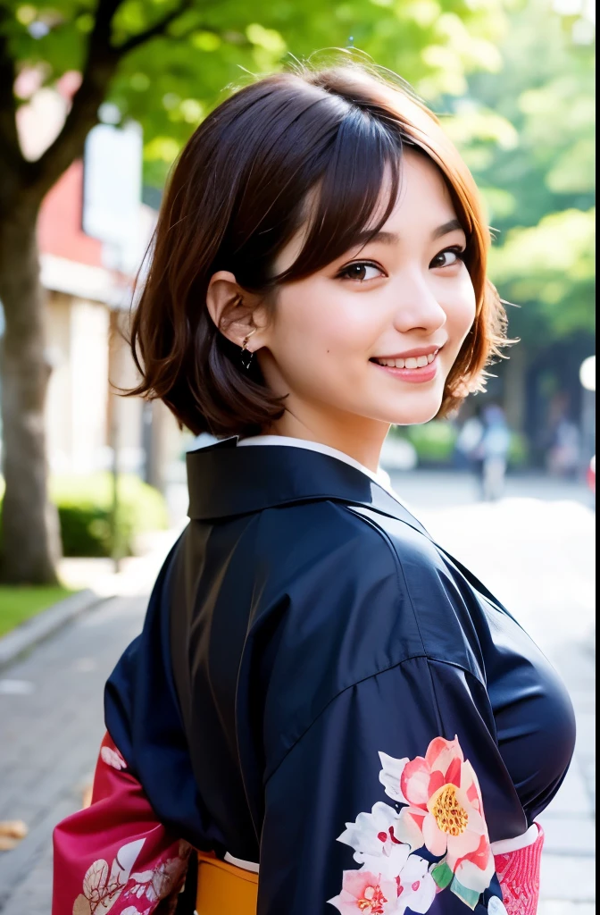 (detail, masterful, detailed, voluptuous, double, flawless face, Japanese schoolgirl, kimono, brown hair, upper body, short hair, smiling)