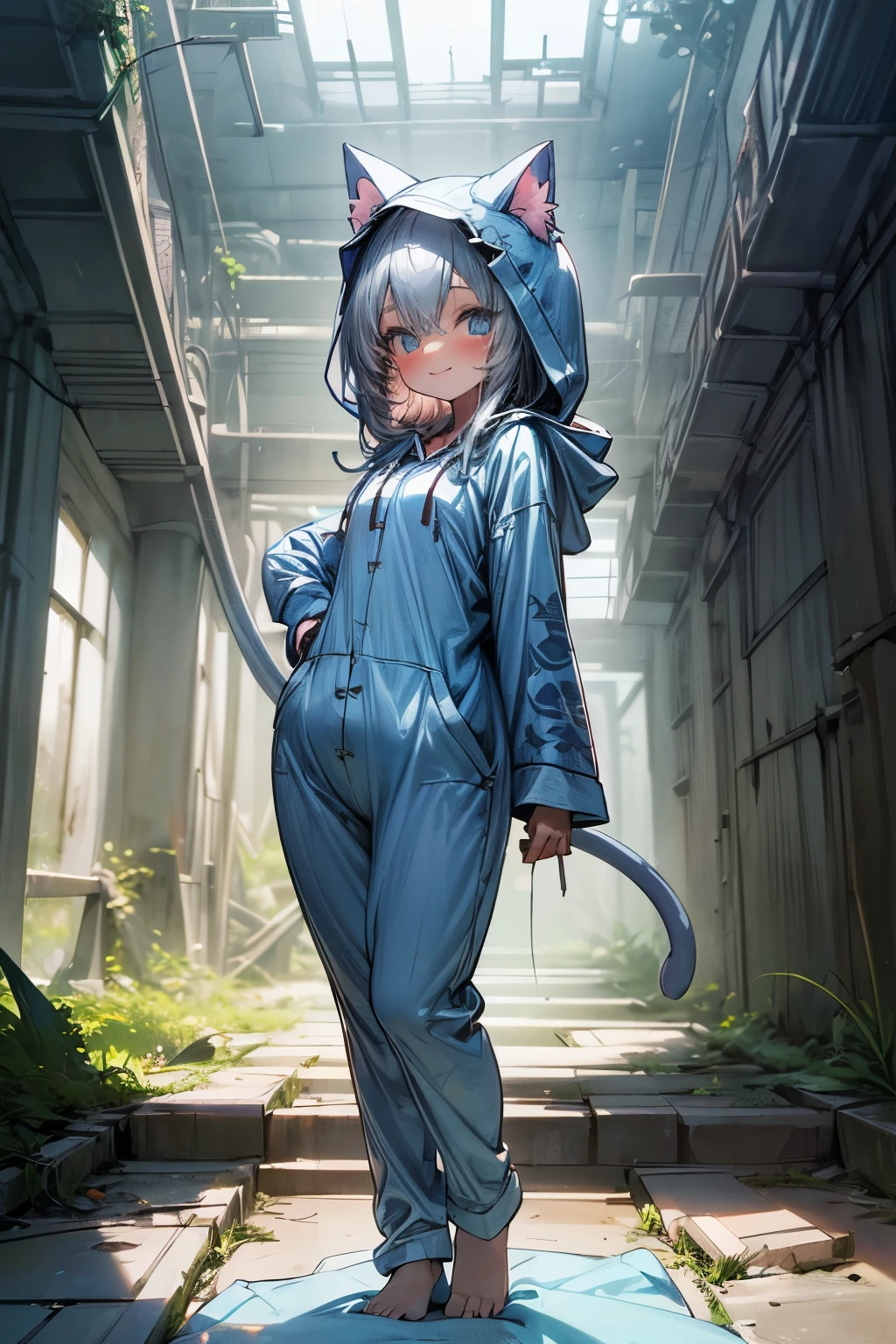 ((Masterpiece)), (best quality), (cinematic lighting), ((pale blue cat pattern hooded fluffy onesie pajamas)), Cute teenage girl, Cute eyes, backlit, side light, small breast, slender body, (ancient ruined overgrown), ((Standing on the ground)), open legs wide, looking at viewer, (evil smile, blush), silver hair with red mesh,