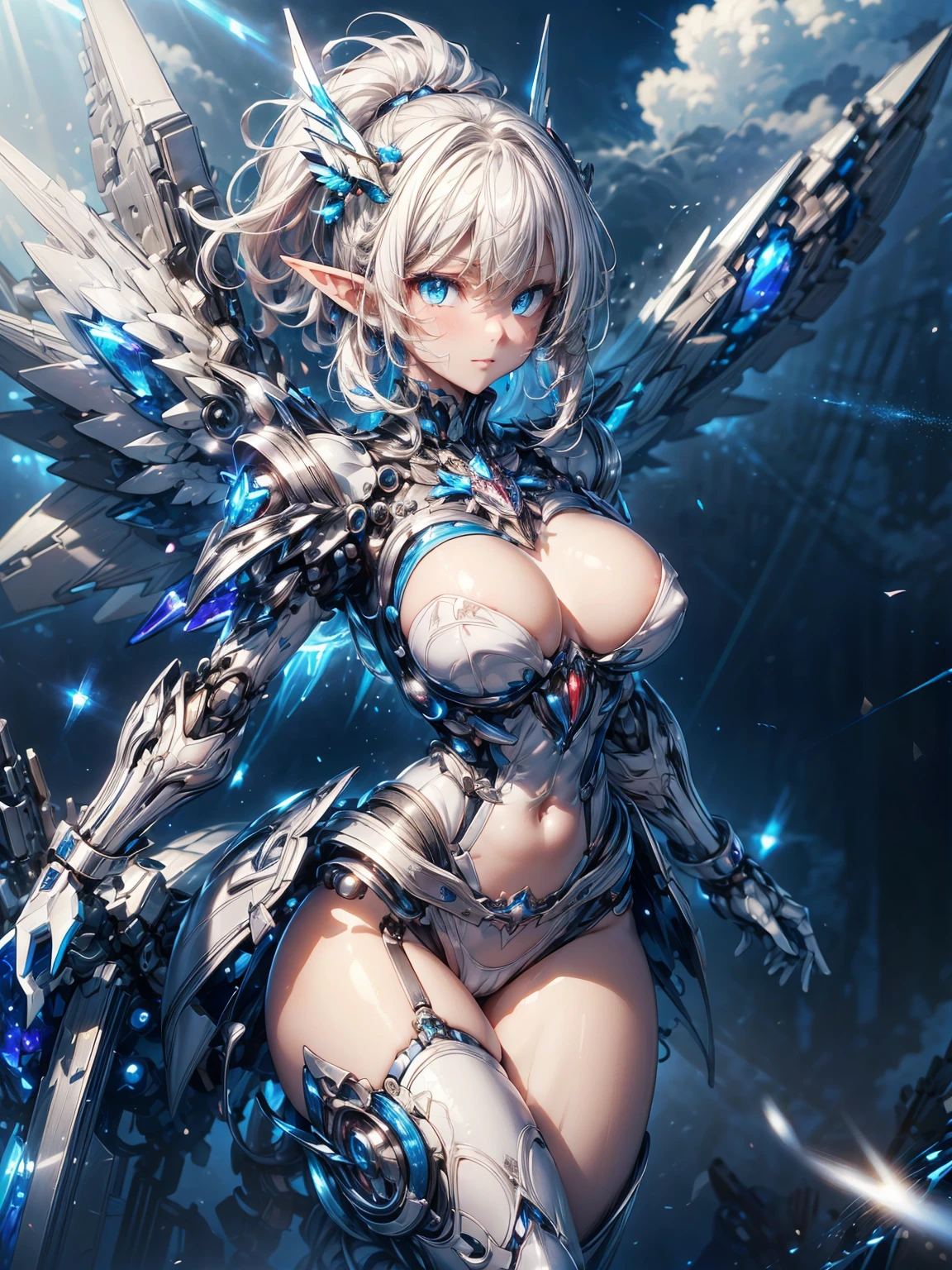 (masterpiece、 highest quality, wonderful, very detailedティッカーユニティ、8k wallpaper, Depth of written boundary, Ultra-fine illustration:1.5)、。.。.。.。.3D, very detailed, (Full body Esbian、Mecha elf girl:1.3), sci-fi battlefield, Hawken, smile, open your mouth、short ponytail hair, (white blonde hair, deep blue eyes:1.2), sparkling eyes, cute顔, cute, big breasts, delicate hair, messy hair、blue sky, White cloud), shiny hair, shiny skin, (Symmetrical mechanical winetallic colored mechanical wings that are widely expanded to the left and right so that they protrude wonderfully from the screen, headgear, white hair ornament), (particles of light, cinematic lighting: 1.3), (pale pink lips: 0.8), by Yusuke Murata.