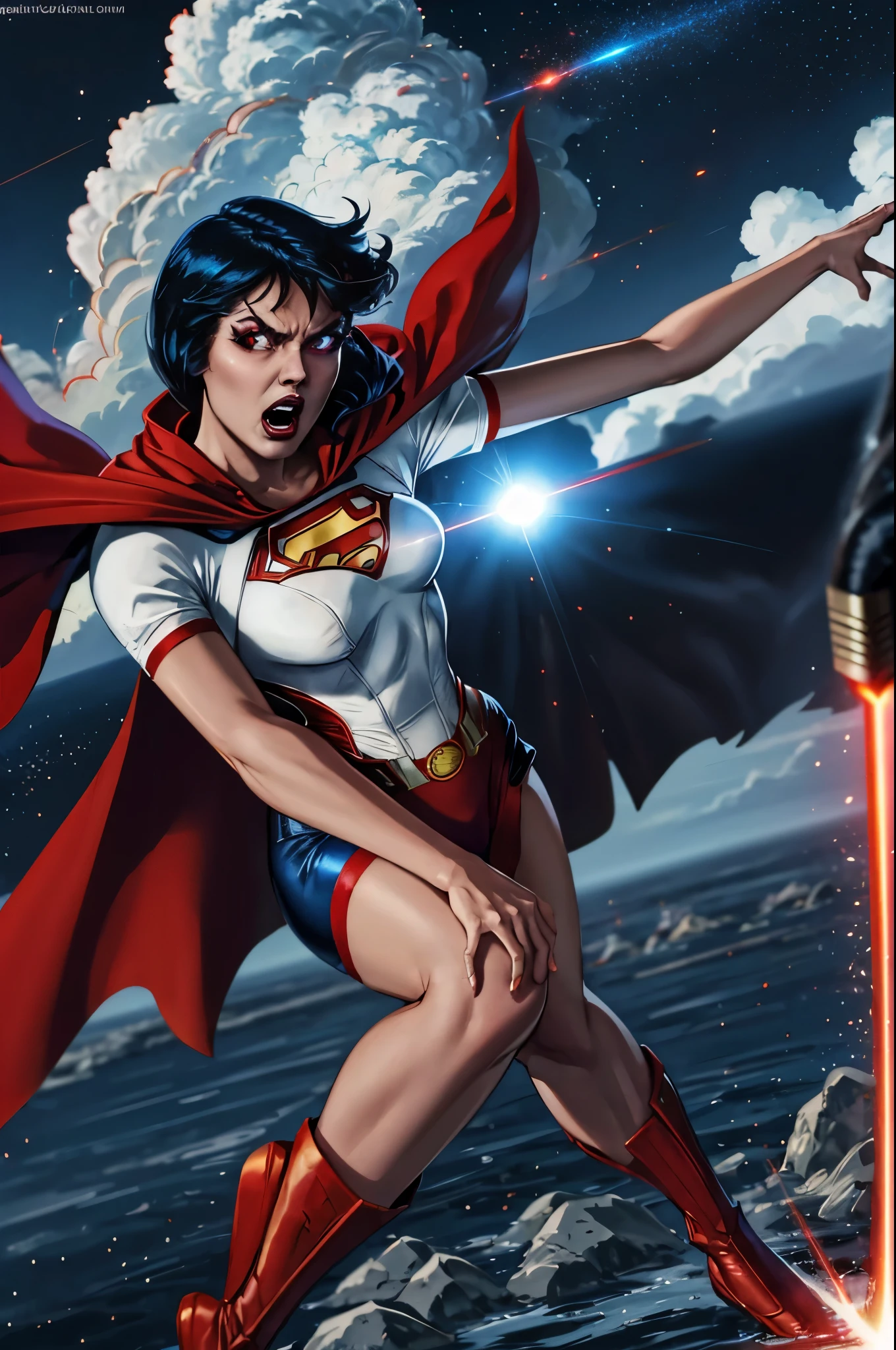 nijistyle, beautiful lady in superman cosrume, short black hair, angry, glowing red eyes, laser eyes, cape, particles, clouds, sky 