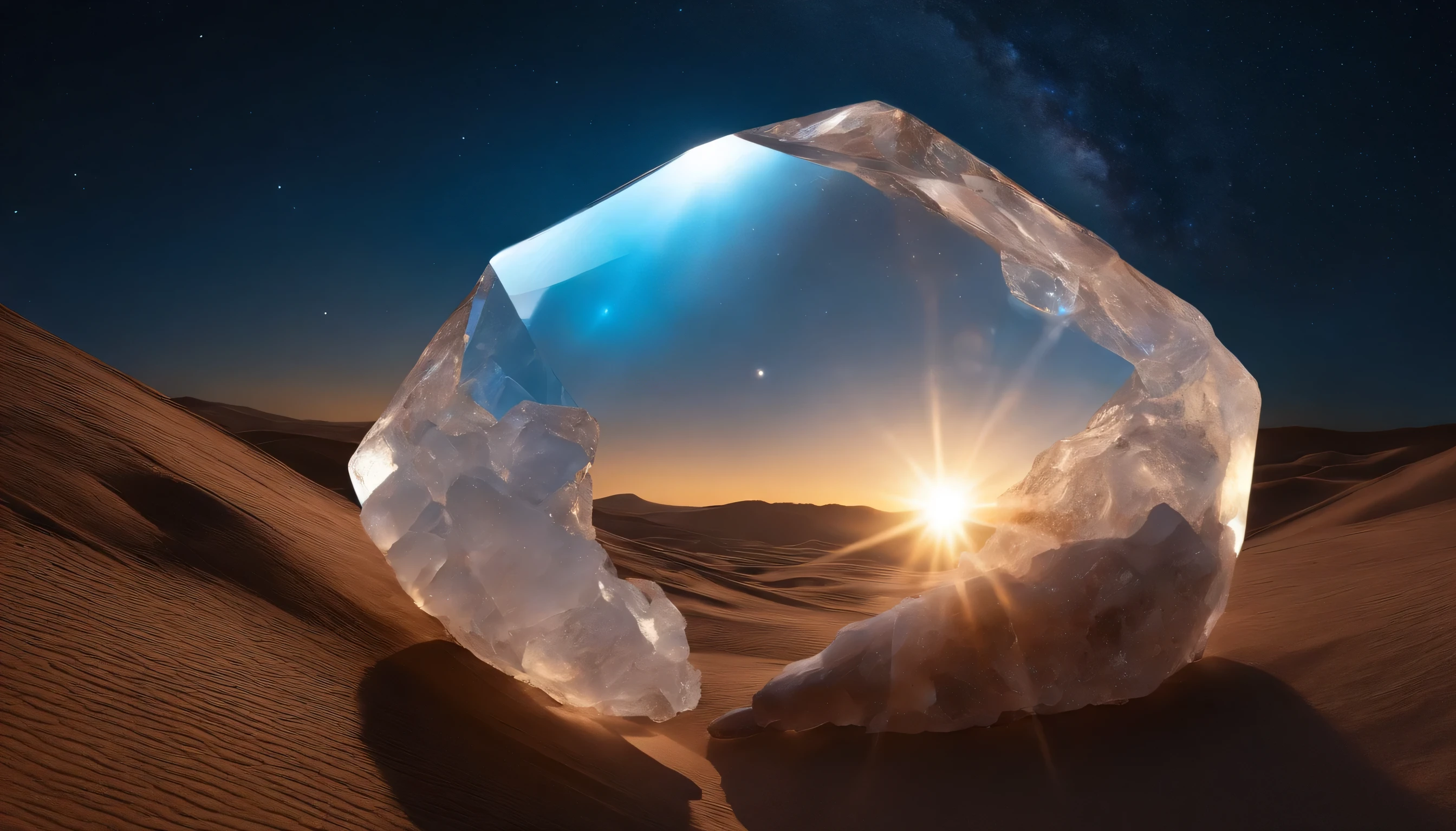 giant quartz cristal in a desert planet with full of star blue sky