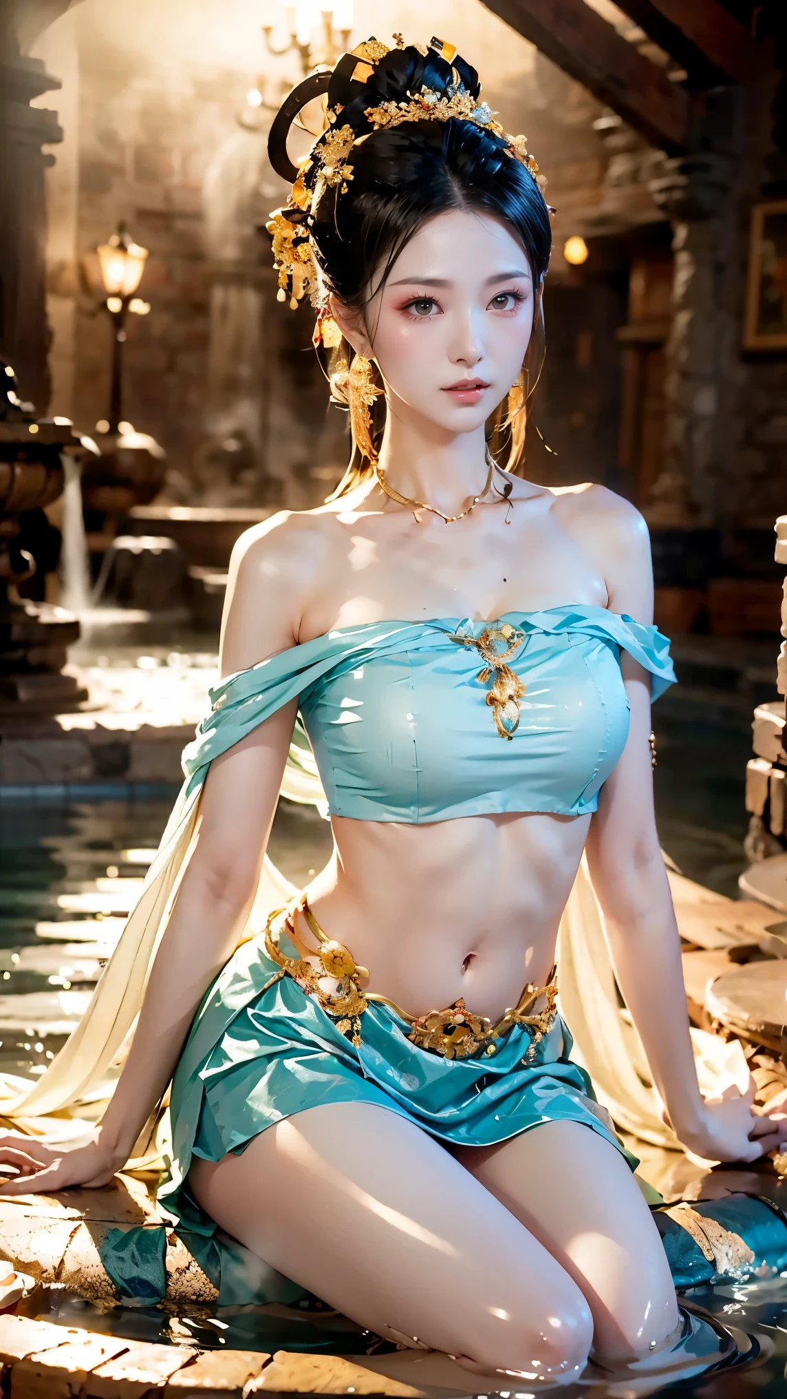 8k,best quality,Work,Very detailed,ultra high definition,feels,beautiful wallpaper,best masterpiece,Tyndall effect,Reality,Highest rendering,extremely beautiful face,ultra high definition晰度,exquisite facial expressions,Detailed description of face,Delicate hair features,look up,hair past shoulders,best quality，extremely high resolution。The heroine is sitting on her knees in the antique hot spring pool，take off shoulders，clavicle，White bellyband，belly button，mini skirt，Slender jade legs，grapefruit model: Character 2, CFG scale: 7, Hire high-end talents: 1.5
