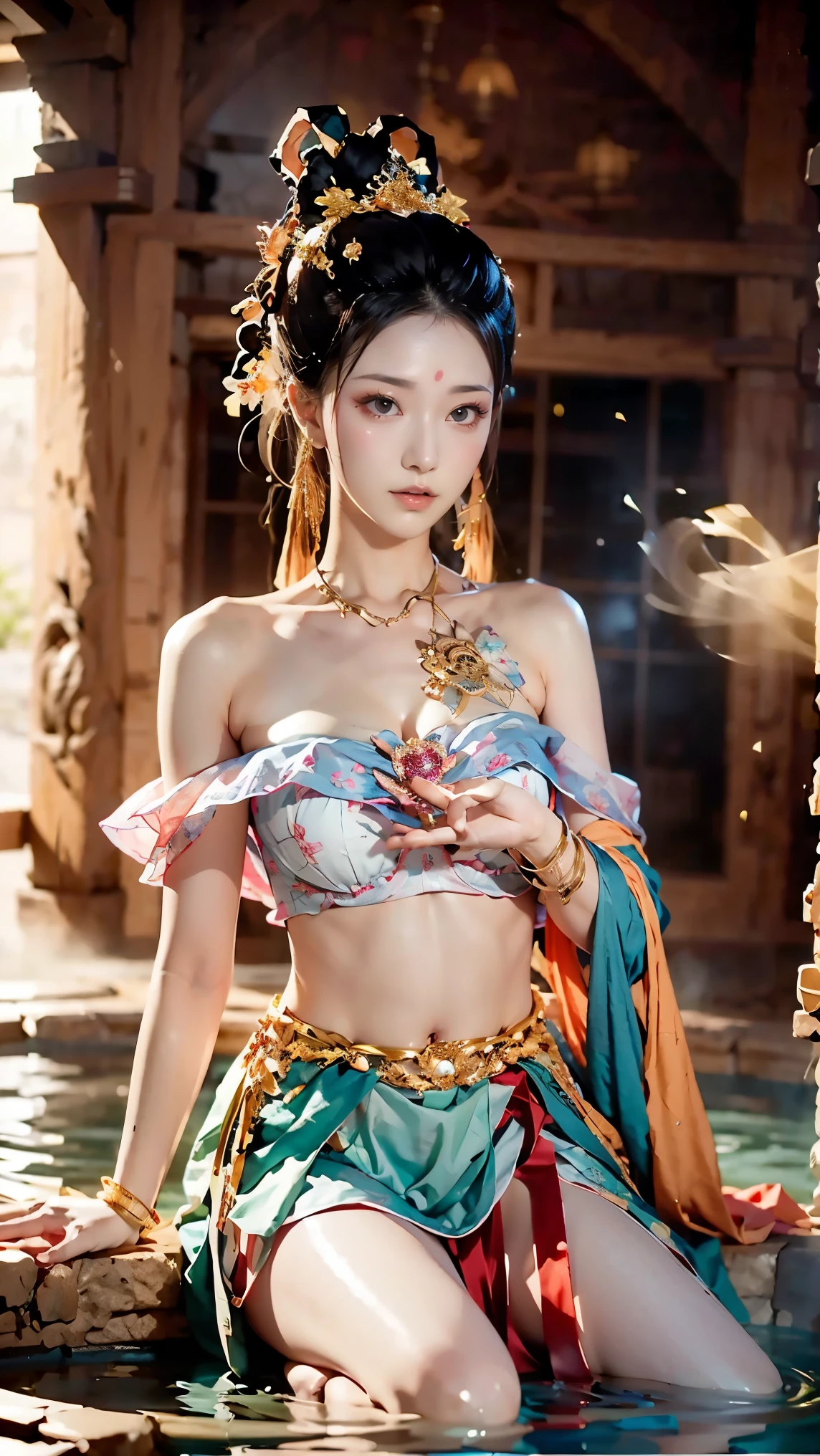 (8k, RAW Photos, highest quality, masterpiece:1.2), (Realistic, photo-Realistic:1.4), (Highly detailed CG Unity 8k wallpaper), (1 girl:1.5), Western Beauty, (Red clothes: 1.4), Red spots on the forehead, Pale skin, blush, Big eyes, whole body, Thighs, Open belly button, gold waist chain, Gold Jewelry, Flying ribbon, particle, The background is the ancient city of Loulan, The walls of, desert, dance, Dunhuang_dress, Dunhuang_style,、((Sexual Panties:0.9))、((Spread your legs wide:1.4))、