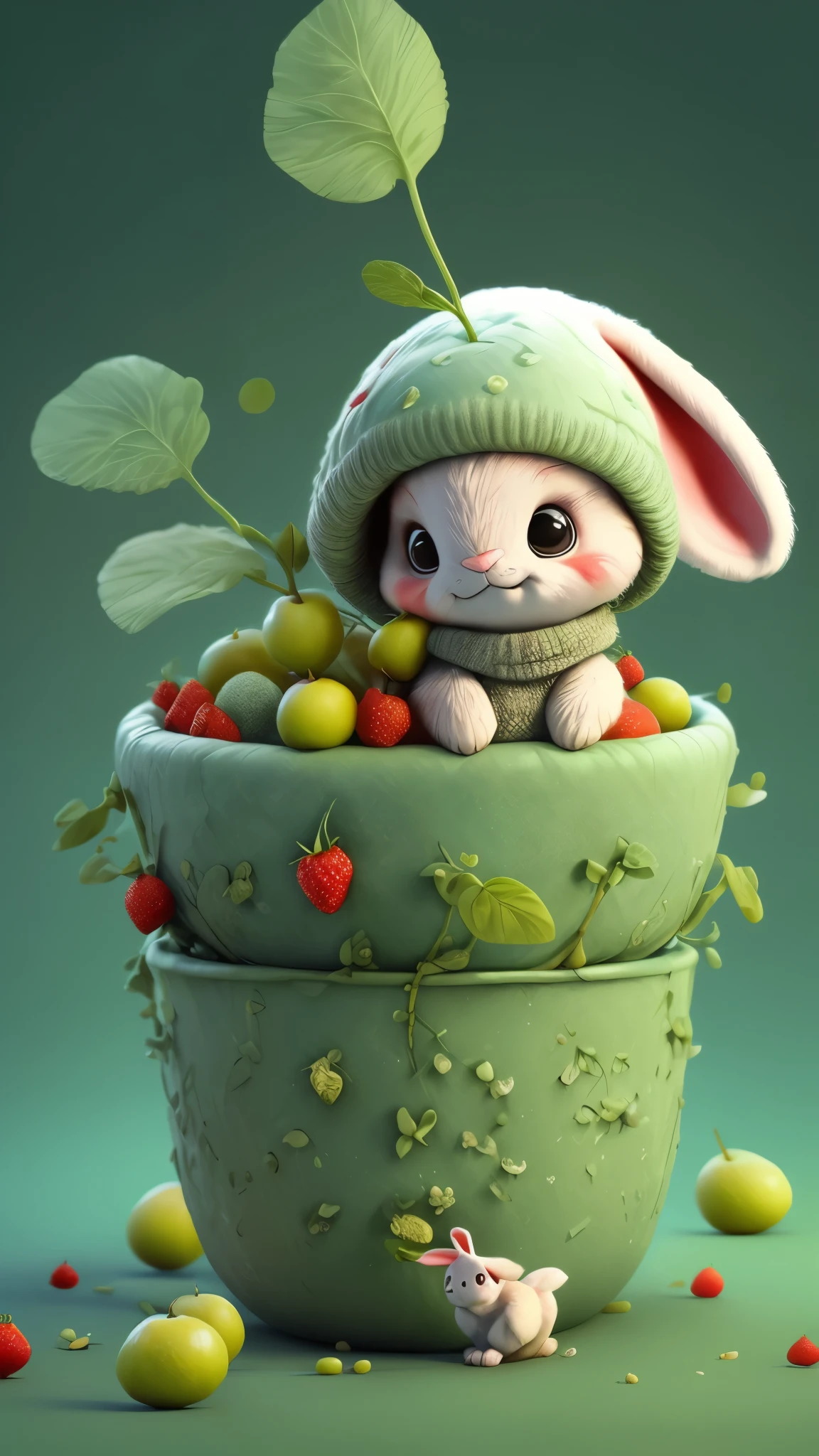 (award-winning masterpiece,) best quality 3D illustration, dynamic angle, (1 cute furry rabbit), wearing colorful clothes, lying on a bed of juicy and ripe fruits, surrounded by a vibrant fruit garden and bountiful harvest.