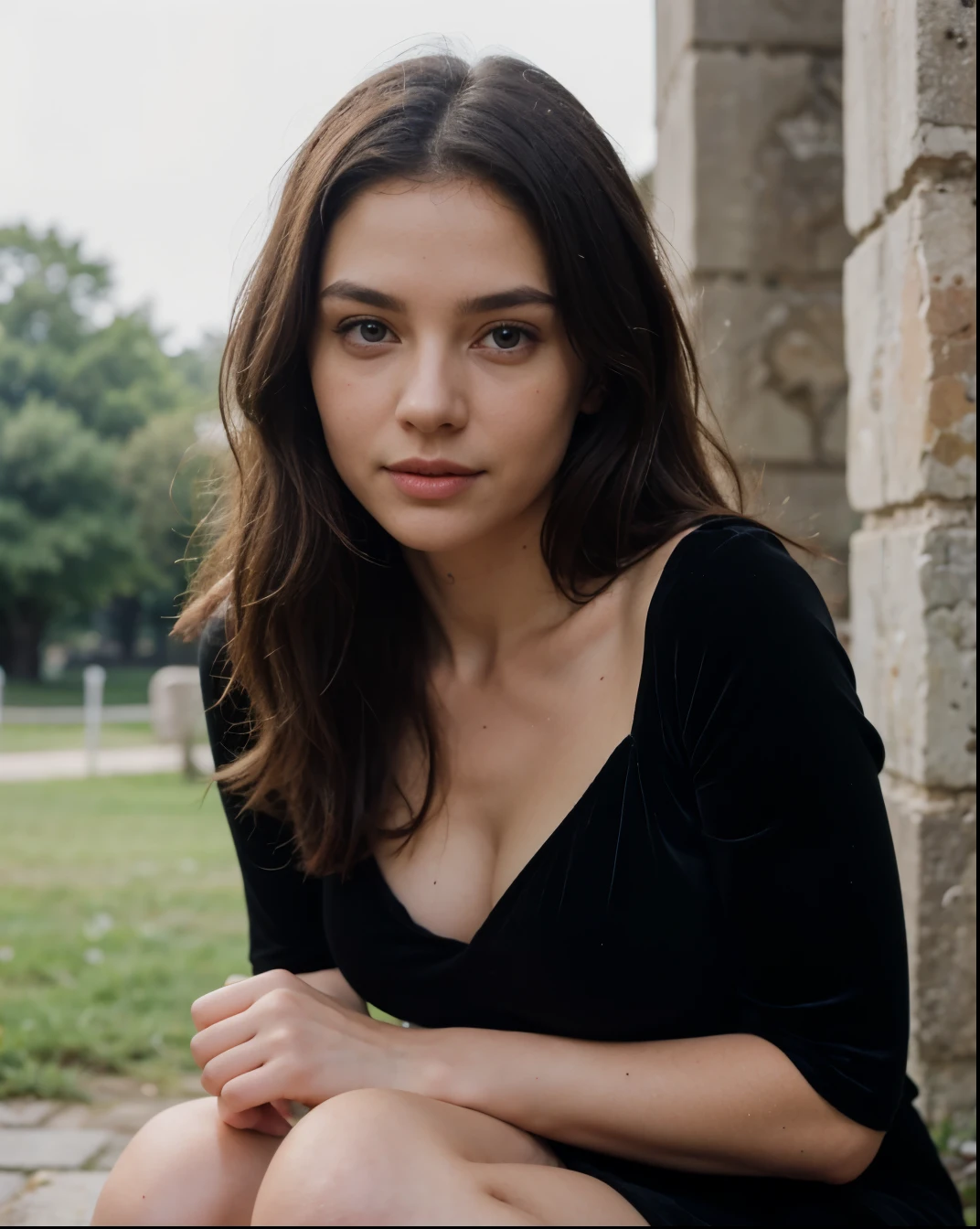 Cute beautiful sexy European light-green-eyed brunette, 22 years old,
seductive look in eyes, girl wears designer black velvet dress, castle ruins, full body shot, walking, sardonic smile,
innocent face, face-length 1.3 times the face-width, almond-shaped eyes, squared face-shape, high cheekbones, naturally wavy hair, light-green eyes, high-res, masterpiece, best quality, intricate details, very detailed, sharp focus, detailed skin, realistic skin texture, texture, detailed eyes, professional, 4k, charming smile, shot with Canon, depth of field, Kodak Vision color, perfectly fitting body, extremely detailed, photo_\( ultra\), photorealistic, realistic, post processing, maximum details, roughness, real life, ultrarealistic, photorealism, photography, 8k UHD, photography
