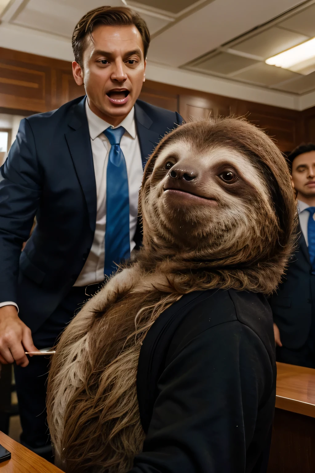 a sloth wearing suit, working asa lawyer in a gubernamental congress office, politicians angerly screaming in the backgorund, politicians fighting in the background, professional picture