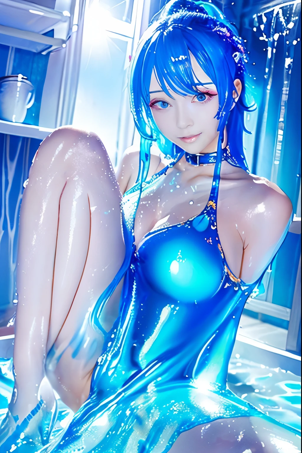 (hight resolution,masutepiece:1.2),Ultra-detailed,(Realistic:1.37),  Slime Girl,covered in blue slime, (partially transparent), (Wet with water), (blue sweat), Slimy blue liquid dripping from her body. Her hair is also covered in blue slime. blue slime scatters, Blue hair, blue eyes