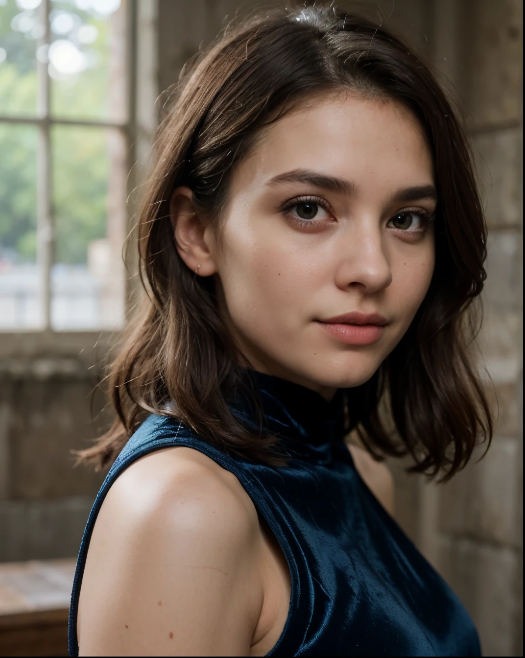 Cute beautiful sexy European light-green-eyed brunette, 22 years old,
girl in a dark blue velvet dress, stylish velvet dress, full body view, velvet dark blue dress, dark blue dress, elegant dress, castle ruins, nature, pumps, full body view,
innocent face, face-length 1.3 times the face-width, almond-shaped eyes, squared face-shape, high cheekbones, naturally wavy hair, light-green eyes, high-res, masterpiece, best quality, intricate details, very detailed, sharp focus, detailed skin, realistic skin texture, texture, detailed eyes, professional, 4k, charming smile, shot with Canon, depth of field, Kodak Vision color, perfectly fitting body, extremely detailed, photo_\( ultra\), photorealistic, realistic, post processing, maximum details, roughness, real life, ultrarealistic, photorealism, photography, 8k UHD, photography