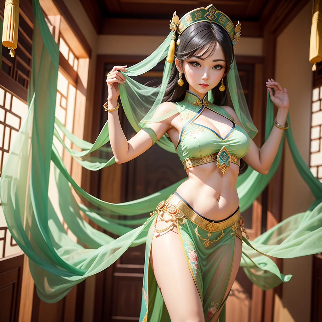 Chinese style,national current,Dunhuang style,a beautiful lady,Transparent tulle Dunhuang clothing,Pictures of flying ladies in Dunhuang,Dunhuang School,belly dance