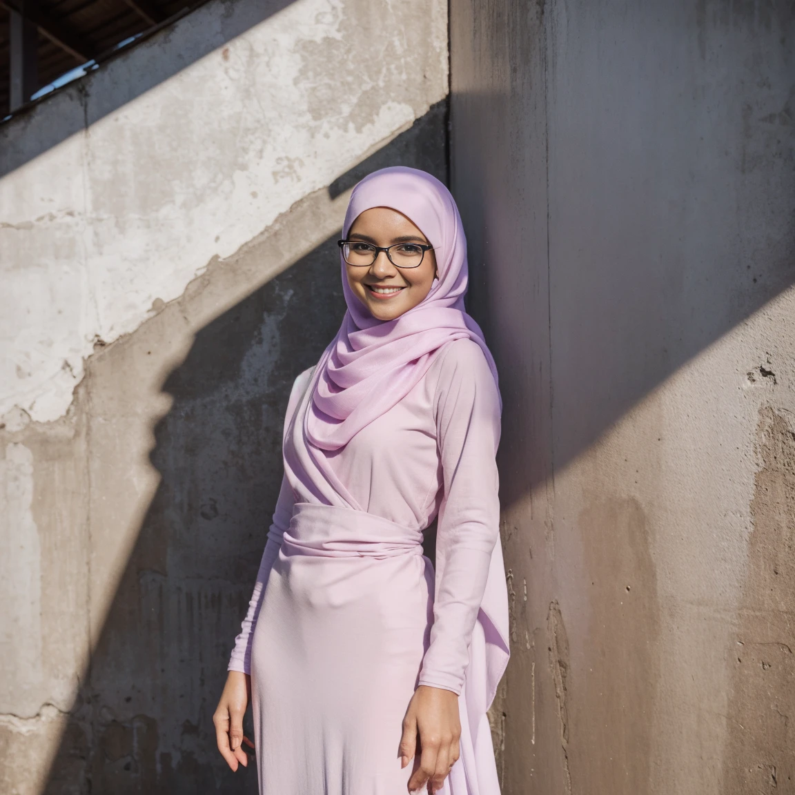 photography, young woman with smile face, petite body, over the shoulder pose, long pastel white shawl with purple baju kurung, wide-frame glasses, background digital art graffiti on black wall, ultra details any aspect of drawing, UHD 8K