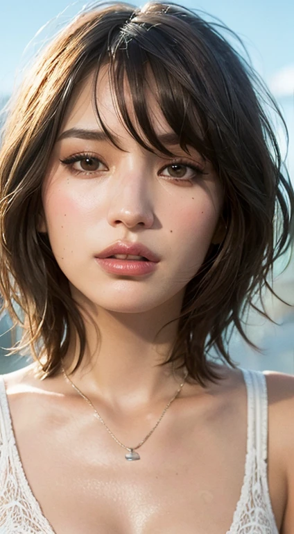 (8K、Raw photography、top-quality、masterpiece:1.2)、The ultra-detailliert、Hyper-Resolution、(realisitic、photos realistic:1.37)、portlate、High detail RAW color photos、professional photograpy、highly detailed and beautiful、ighly detailed、8K wallpapers、Amazingly detailed、huge filesize、Official art、Highly detailed CG Unity 8K wallpaper、Very detailed beautiful girl、extra detailed face、extremely detailed eye、highlydetailed skin、 extremely detailed fingers, highly detailed nose, highly detail mouth, perfect anatomia, highly detailed back ground, Very detailed clothes, 1girl in, (20:1.2), in her 20s, Cute s, Realistic body, 小柄, fair white skin, glistning skin, Slim body, Handsome body, A dark-haired, shorth hair, (bangss:1.2), A smile, cute little, zora々Right, cute face, Lifelike face, Delicat eyes, drooing eyes, a sailor suit, 耳Nipple Ring, looking at the viewers, Facing left、Standing posture、Contrapo、动态照明、very Bigger breasts、