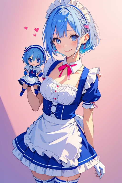 cute anime blue haired girl with pink doll and blue ribbon, maid, blue eyes, blue hair, maid headdress, apron, gloves, short hair, dress, heart, smile, white gloves, doll joints, jewelry, maid apron, joints, earrings, blush