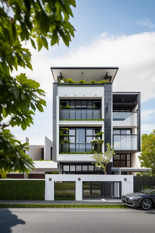 dvArchModern, 85mm, f1.8, portrait, photo realistic, hyperrealistic, orante, super detailed, intricate, dramatic, sunlight lighting, shadows, high dynamic range, house, masterpiece,best quality,(8k, RAW photo:1.2),(( ultra realistic)), modernvilla, blackandwhite, trees, vine, architecture, building, cloud, vivid colour, masterpiece,best quality,super detailed,realistic,photorealistic, 8k, sharp focus, a photo of a building