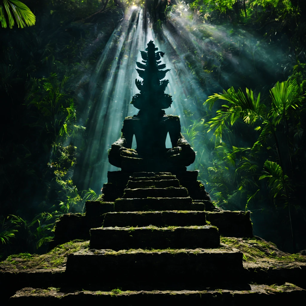 double exposure of Aztec god silhouette, combined with Aztec temple, cenote, a jungle