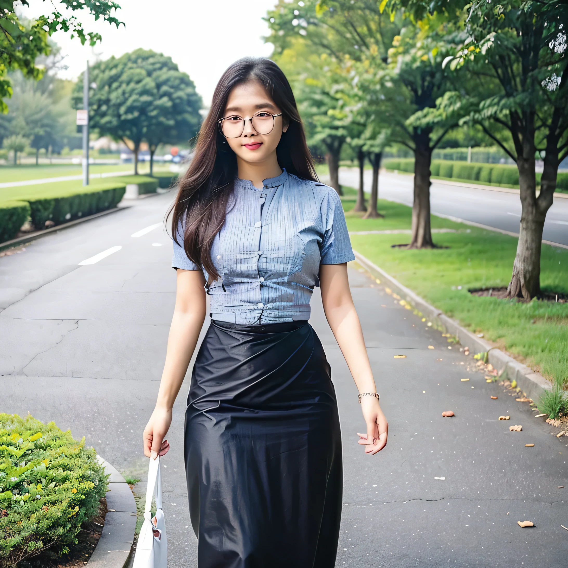 acmm ss outfit, wearing acmm top, light purple acmm top, short sleeves, buttons, wearing acmm long skirt, white and pink with printed acmm long skirt