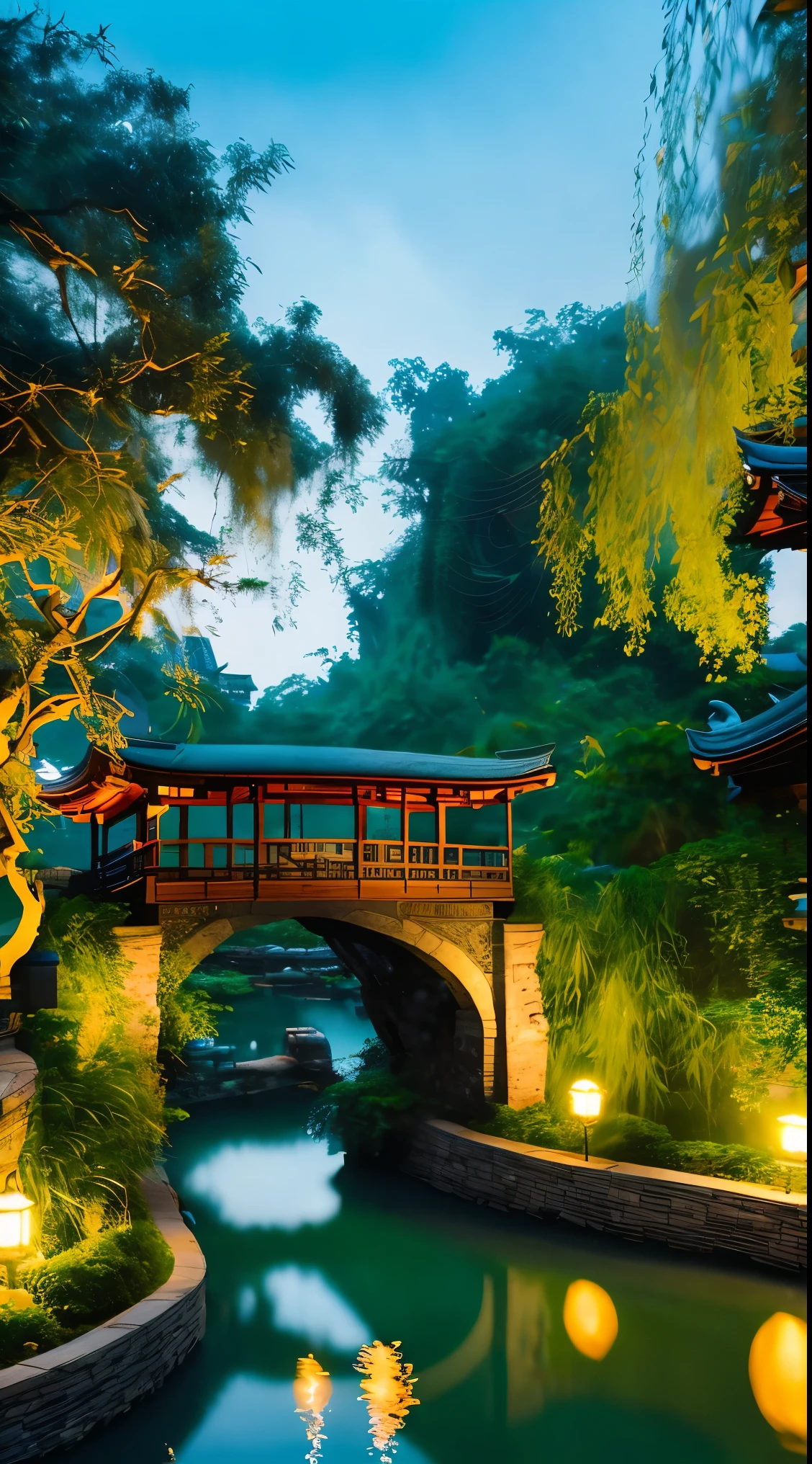 At dusk, green trees, willows flying, surrounded by blue water, small bridges and flowing water, antique color, floral fragrance, warm as jade, birds singing and flowers, water town paintings, leisurely, real photography, 16K resolution