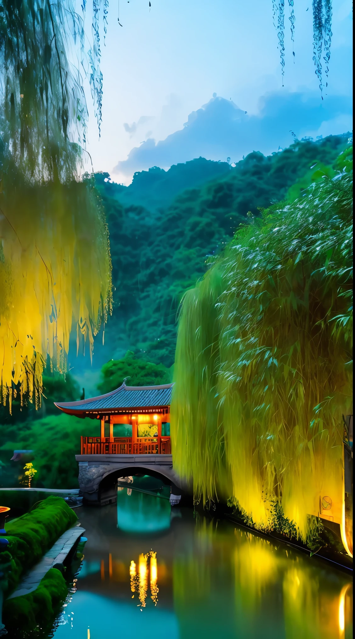 At dusk, green trees, willows flying, surrounded by blue water, small bridges and flowing water, antique color, floral fragrance, warm as jade, birds singing and flowers, water town paintings, leisurely, real photography, 16K resolution