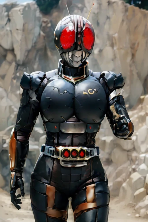 ((masterpiece,best quality)), absurdres, Female Kamen_Rider_Black_RX, solo, smiling, looking at viewer. Huge breast, cowboy shot, cinematic composition, dynamic pose, metalic armor