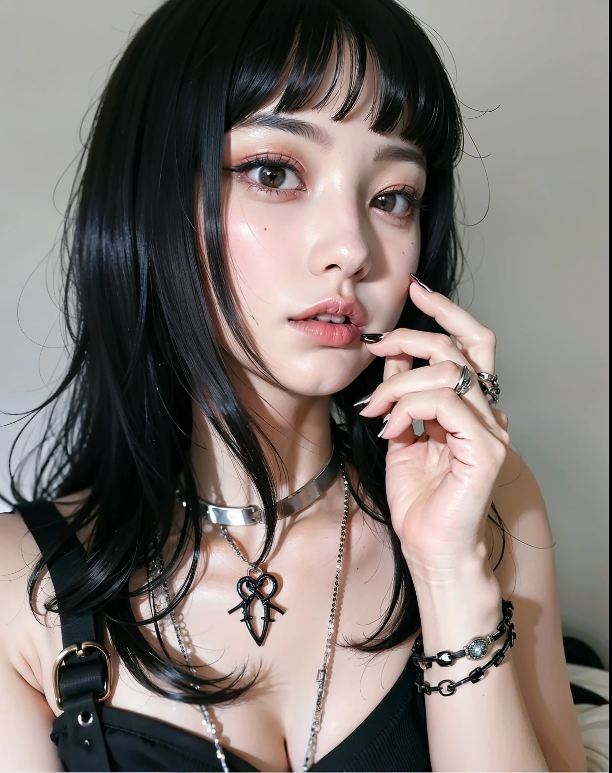 hay una mujer con un collar y un anillo en el dedo, cruel korean gothic girl, ulzzang, 1 7 - year - old anime gothic girl, 1 7 - year - old gothic girl, gothic girl aesthetic, sui ishida con cabello negro, gothic girl, pale gothic beauty, kanliu666, Estilo de Junji Ito