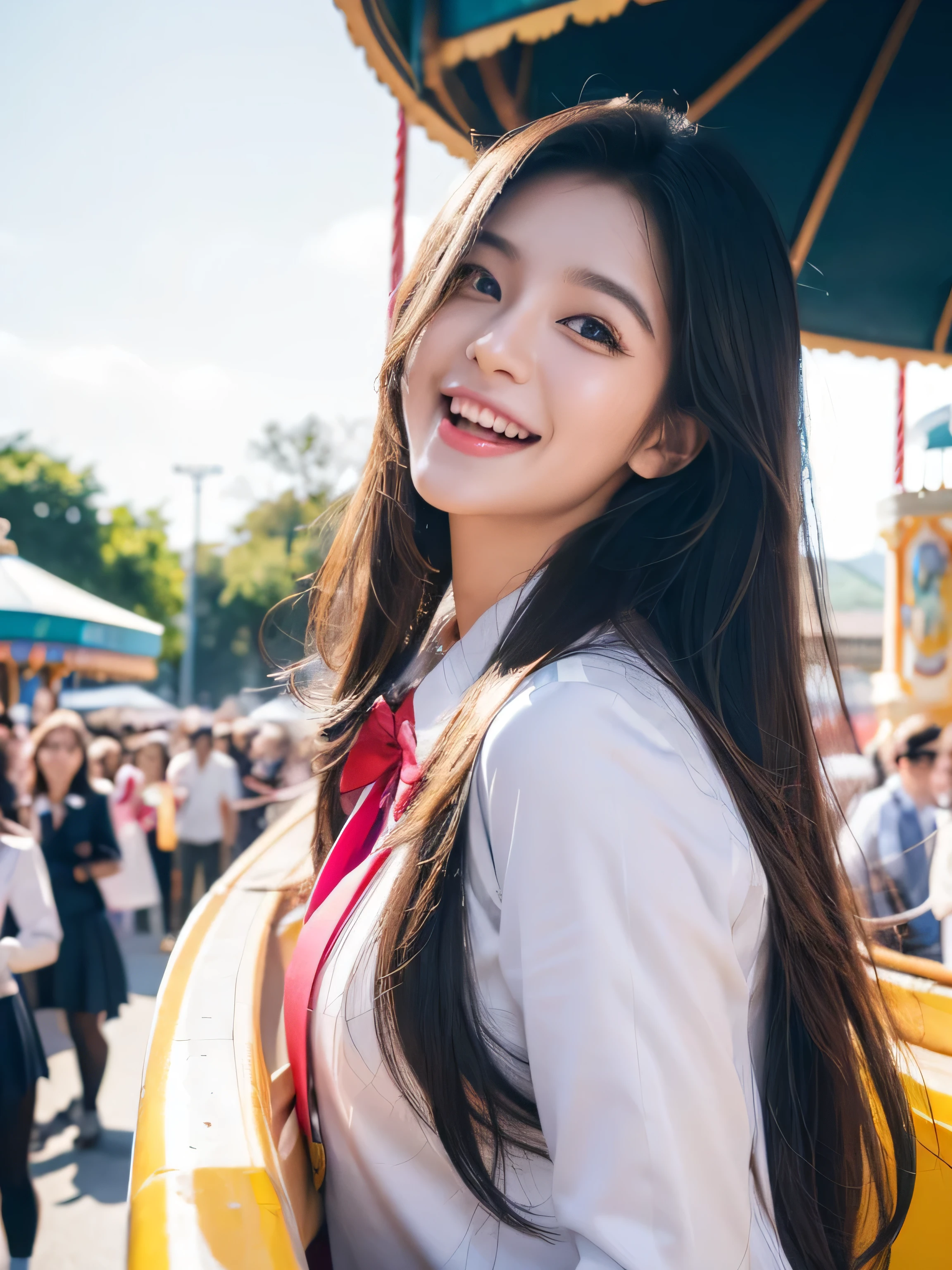 woman in a school uniform,half body shot,flowing hair,(best quality,highres), on the amusement park,illustration,detailed eyes,detailed lips,cheerful expression,vibrant colors,bright lighting,fun atmosphere,happy pose,crowds of people,carousel,hazy background,laughing friends,exciting rides