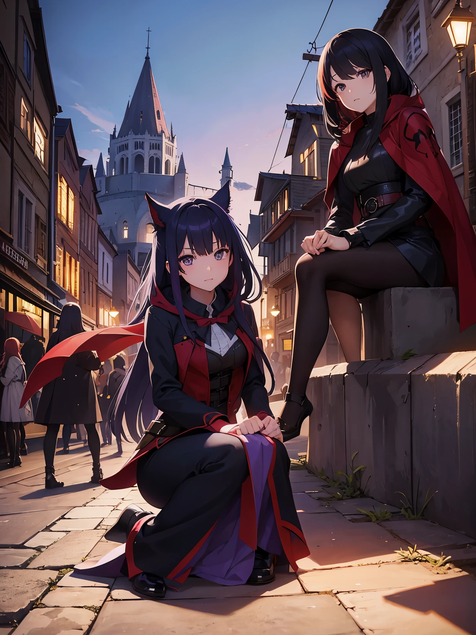 anime illustration、High resolution、serious 15 year old、Red hood, black and purple straight hair、medieval french city at dusk、crowd of shadows、sit on the ground