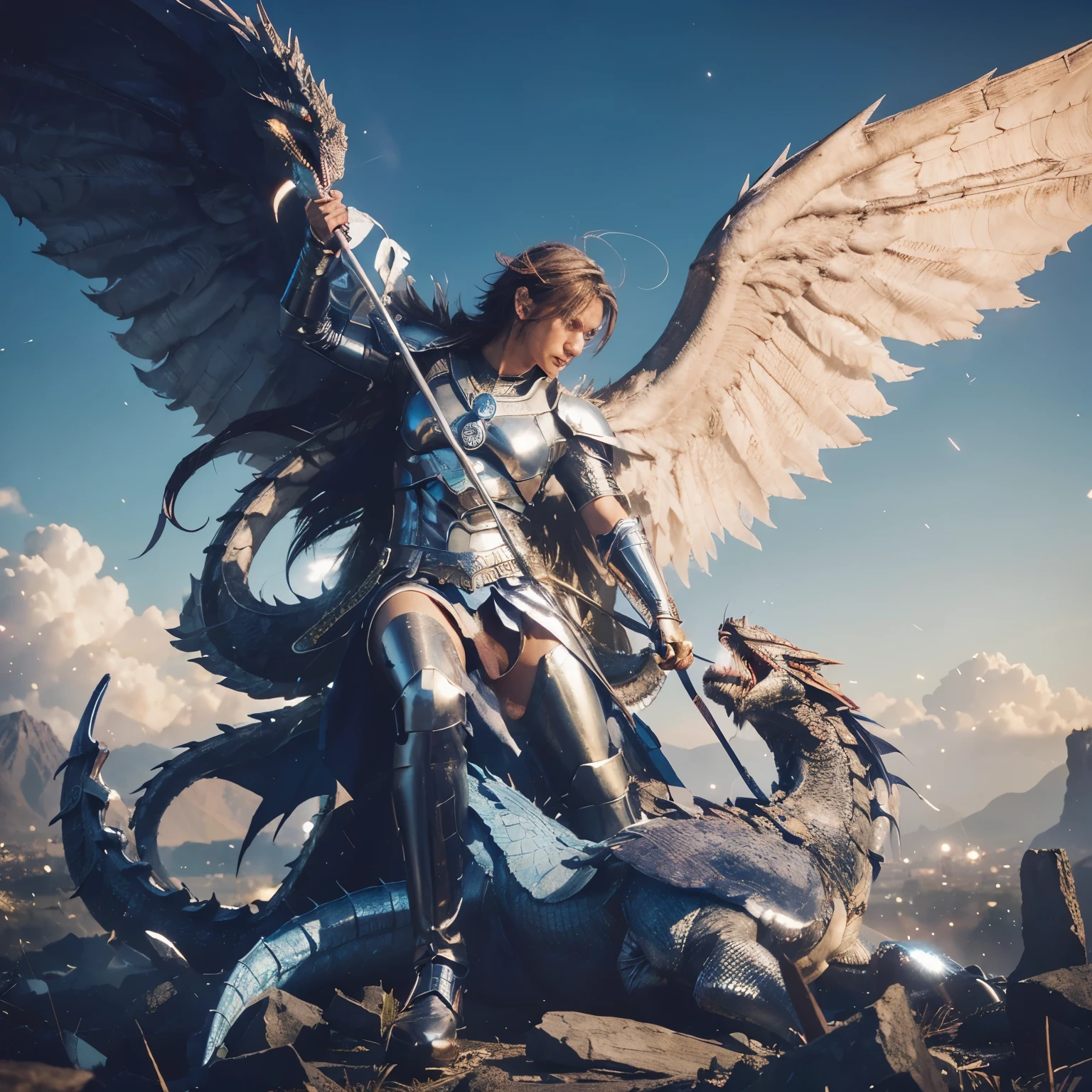 (((Male Guardian Angel Warrior killing  to  a  dragon. 17 years old. IN CUSTOM METALLIC COLORS maya blue))) luminoso, obra maestra, (Mejor calidad: 1.2), (super fine: 1.2), illustration, (extremadamente delicado y hermoso: 1.2), movie angle, flotante, (Hermoso detalle ojo: 1.1), (detalle de luz: 1.1), Movie Lights, Cielo delicado, ojos azules, (cola de caballo alta: 1. 1), capa, Ojeteador, cielo estrellado, (light particles: 1.1) Dibujo, flor. (obra maestra), (Mejor calidad), (fotorrealista:1.3), 8k, textura de piel detallada, Textura de tela detallada, hermoso rostro detallado, detalles intrincados, ultra detallado (Cuerpo completo:1.2)

