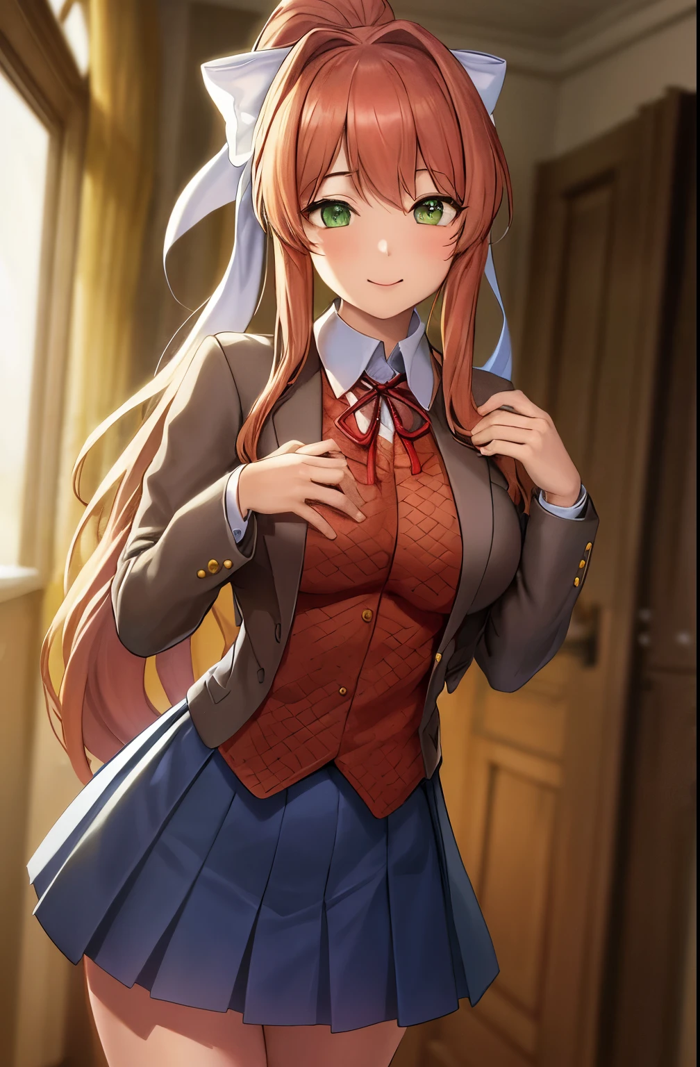 Masterpiece, realistic, 2d, (masterpiece, best quality, beautiful quality, looking at viewer, detailed lighting, 8k:1.1), (a picture of a woman, hand on face, light smile, looking at viewer, big room, solo, 1girl:1.1), monika, green eyes, brown hair, very long hair, ponytail, hair ribbon, white ribbon, blazer, brown sweater, collared shirt, neck ribbon, blue skirt