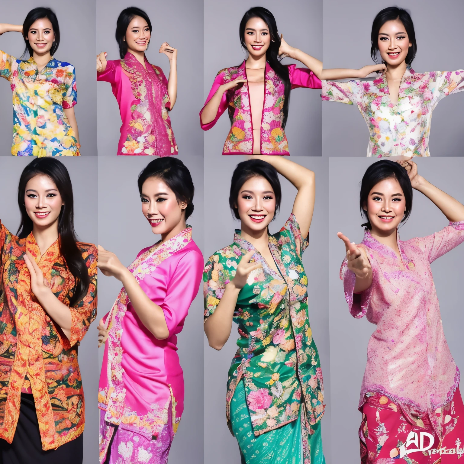 a group of women in kebaya posing for Miss Kebaya beauty contest, pose(arms up + happy), pose, 3 / 4 pose, posse features, 8 k uhd poser, photoshoot poses, portrait pose, various poses shooting photos, pose model, various pose, t pose, anime pose, pose 4 of 1 6, poser, posing for poster photography