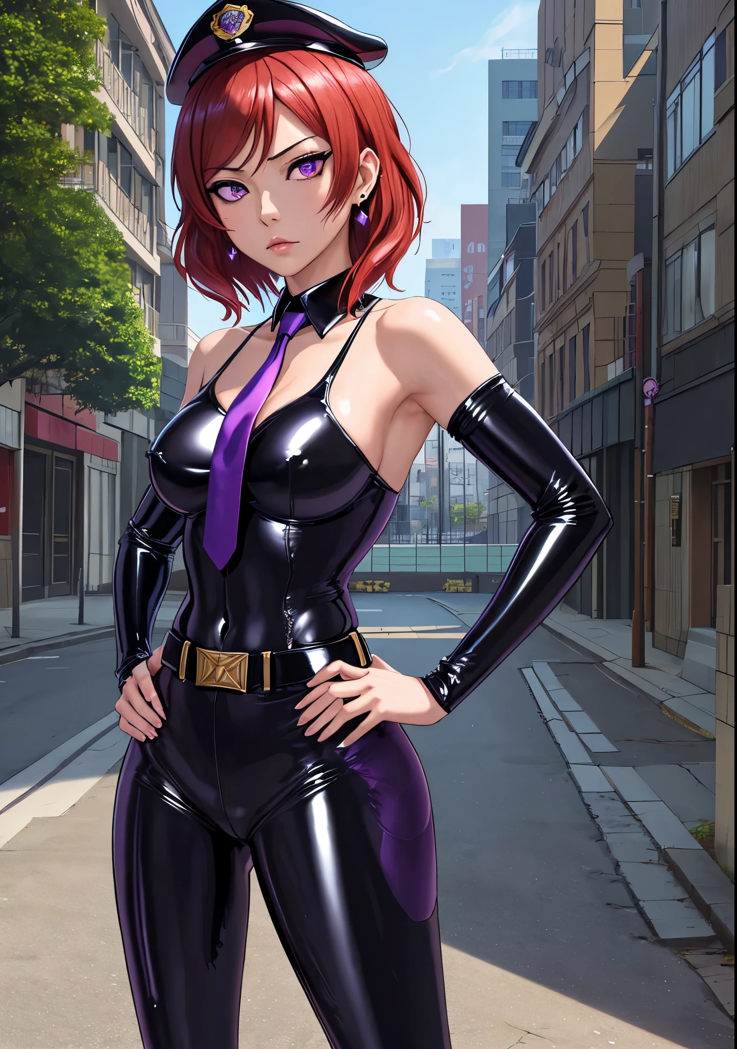 Masterpiece, best quality, detailed face,pov from below,Nishikino maki, short hair, purple eyes, latex ????????, necktie,earrings, black belt, police cap,looking at viewer,hand on hip,standing,in street, serious face