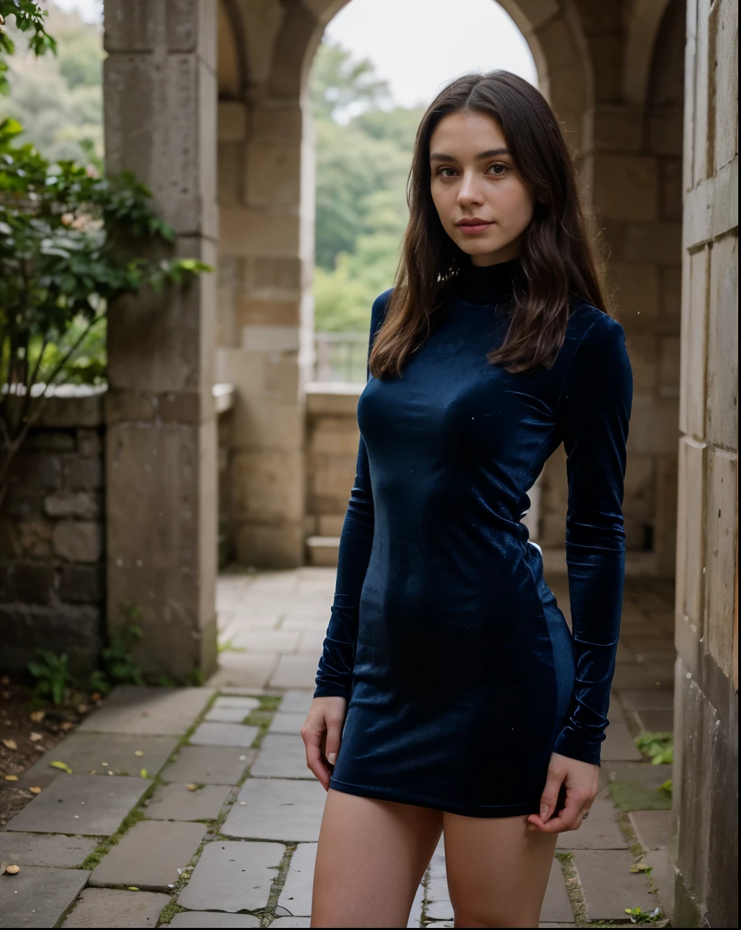 Cute beautiful sexy European light-green-eyed brunette, 22 years old,
girl in a dark blue velvet dress, stylish velvet dress, full body view, velvet dark blue dress, dark blue dress, elegant dress, castle ruins, nature, pumps, full body view,
innocent face, face-length 1.3 times the face-width, almond-shaped eyes, squared face-shape, high cheekbones, naturally wavy hair, light-green eyes, high-res, masterpiece, best quality, intricate details, very detailed, sharp focus, detailed skin, realistic skin texture, texture, detailed eyes, professional, 4k, charming smile, shot with Canon, depth of field, Kodak Vision color, perfectly fitting body, extremely detailed, photo_\( ultra\), photorealistic, realistic, post processing, maximum details, roughness, real life, ultrarealistic, photorealism, photography, 8k UHD, photography