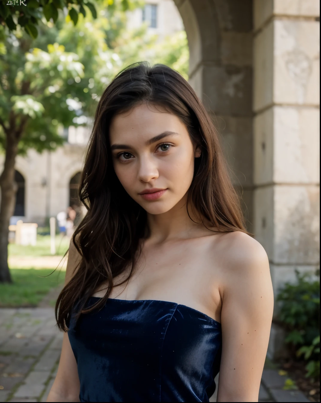 Cute beautiful sexy European light-green-eyed brunette, 22 years old, 

 girl in a dark blue velvet dress, stylish velvet dress,  full body view, velvet  dark blue dress, dark blue dress, elegant dress,  castle ruins, nature, pumps, full body view,

innocent face, face-length 1.3 times the face-width, almond-shaped eyes, squared face-shape, high cheekbones, naturally wavy hair, light-green eyes, high-res, masterpiece, best quality, intricate details, very detailed, sharp focus, detailed skin, realistic skin texture, texture, detailed eyes, professional, 4k, charming smile, shot with Canon, depth of field, Kodak Vision color, perfectly fitting body, extremely detailed, photo_\( ultra\), photorealistic, realistic, post processing, maximum details, roughness, real life, ultrarealistic, photorealism, photography, 8k UHD, photography
