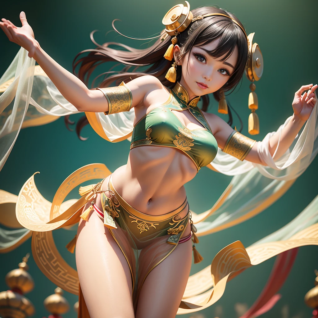 Chinese style,national current,Dunhuang style,a beautiful lady,Transparent tulle Dunhuang clothing,Pictures of flying ladies in Dunhuang,Dunhuang School,belly dance,bushy