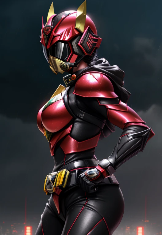 ((1girl/kamen rider Kuuga/helmet with easy mask)), Unreal Engine 5/Mortal Kombat, anime style, full resolution/quality/sharpness/detail viewer, (no hair), breasts1giant, spectator/looking/face/showing off/fighting position/clenched fists, in a futuristic city raining/thundering.